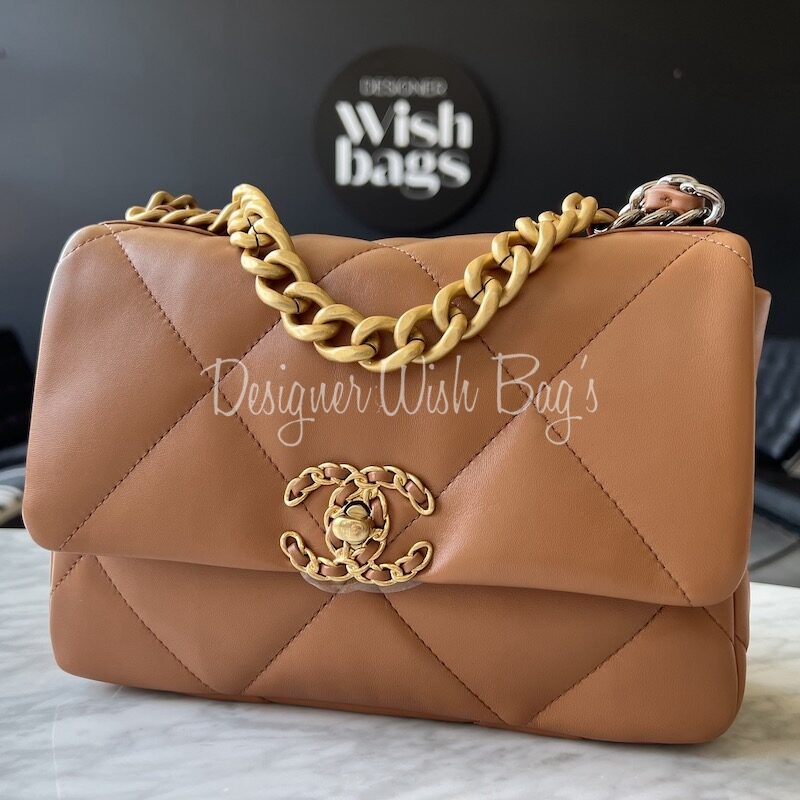 Chanel 19 Small, Caramel Brown Lambskin, Preowned in Dustbag WA001