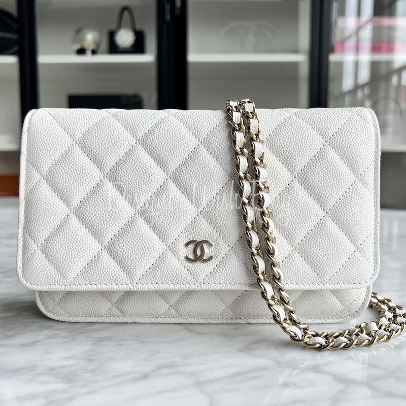 Chanel Classic Wallet on Chain, White Caviar with Silver Hardware