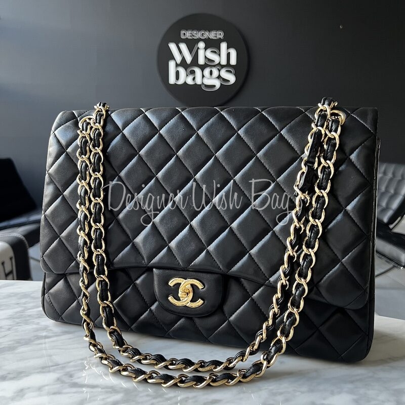 Chanel Maxi Classic Black Lamb Gold hdw - Designer WishBags