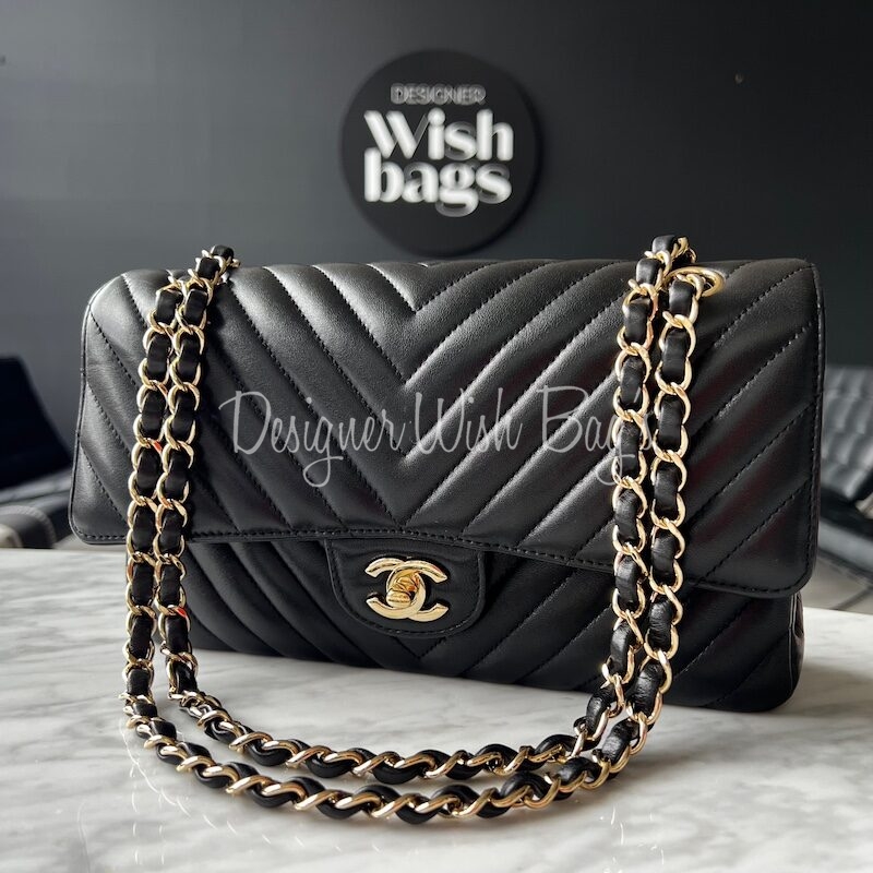 Chanel Medium Classic 11.12 Black Chevron Gold Hardware - Designer