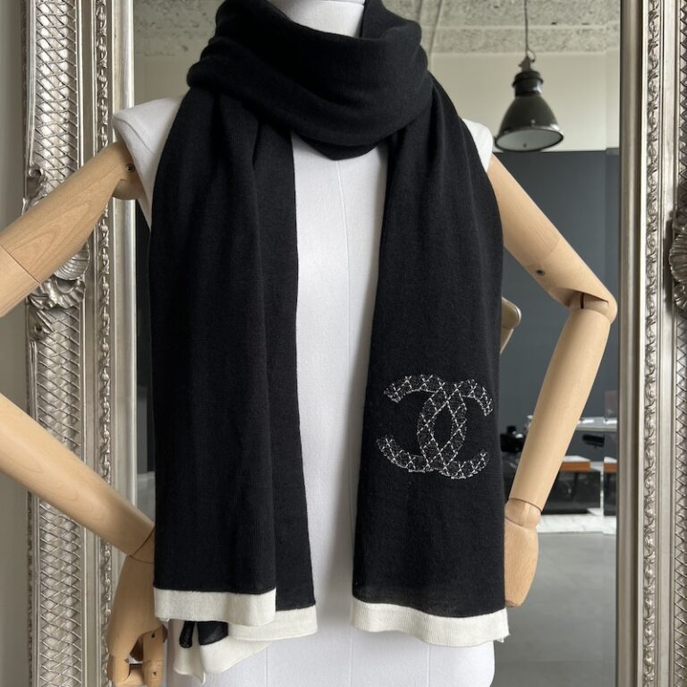 Black Chanel Cashmere Scarf with Sequins Logo - Designer WishBags