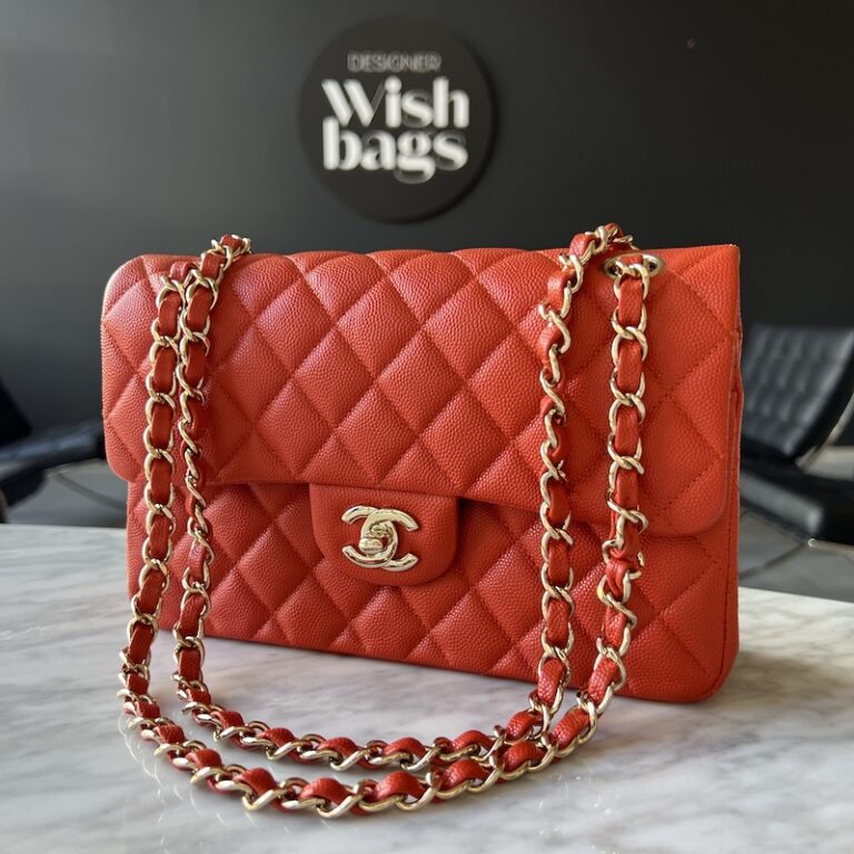 Chanel Timeless Classic Coral Red Caviar Leather Champagne Gold